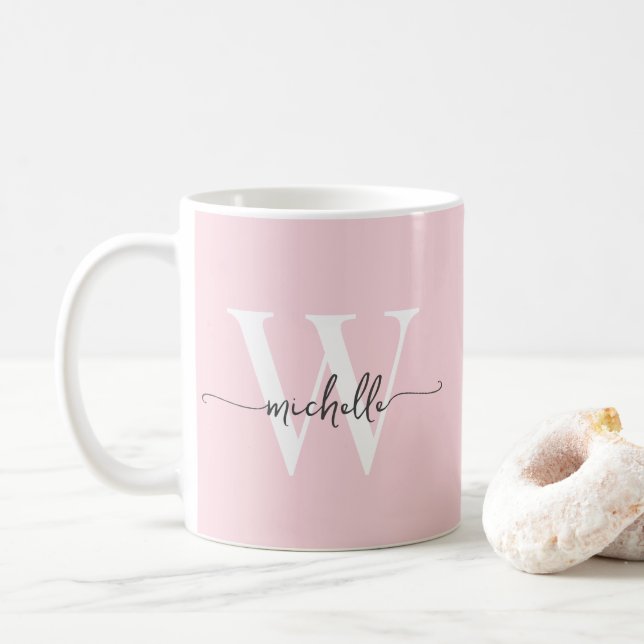 Mug Élégant Blush Monogramme Nom Calligraphie Script (Avec donut)