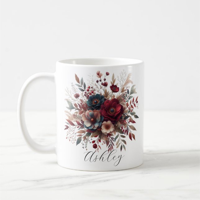 Mug Elégant Boho Bourgogne Rustique Bleu et Motif roug (Gauche)