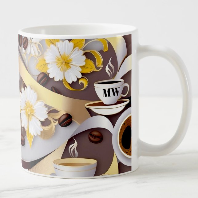 Mug Elégant café fleurs jaunes & ruban & initiales (Créateur téléchargé)