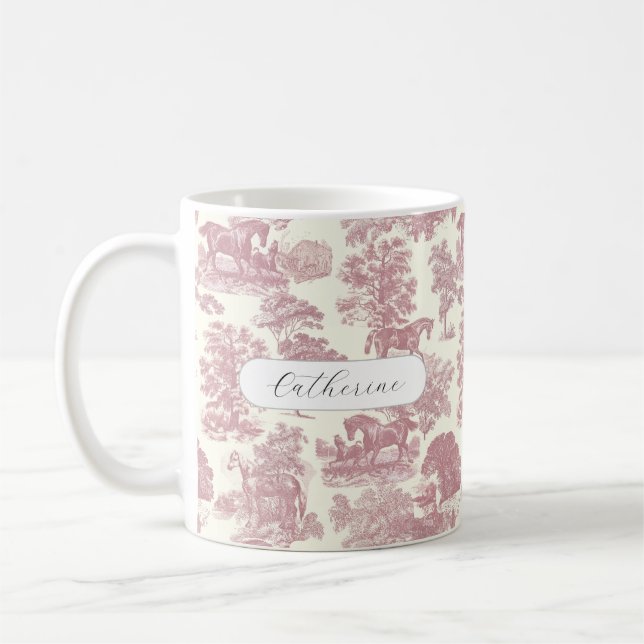 Mug Élégant Chic Rose Toile de Cheval Rustique Nom (Gauche)