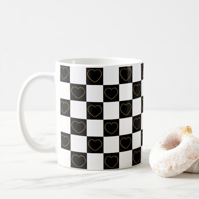 Mug Elégant Coeurs noir et blanc Motif Valentine (Avec donut)
