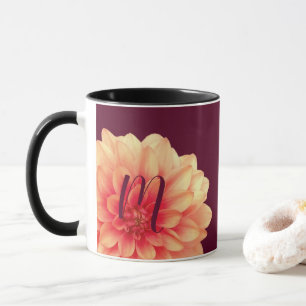Mug Élégant Dahlias Orange Fleurs Bourgogne Monogramme