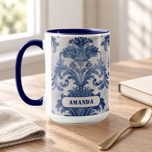 Mug Élégant damasqué monogramme Toile de Jouy bleue