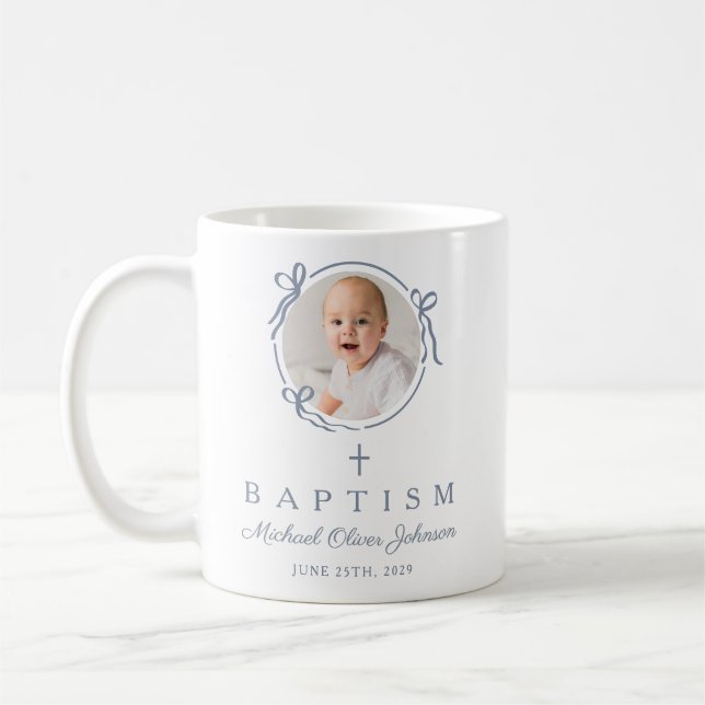 Mug Elegant Dusty Blue Boy Photo Baptism (Gauche)