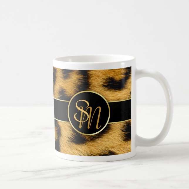 Mug Élégant Empreinte de léopard Monogramme Script - M (Droite)