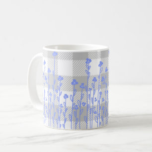 Mug Élégant en vichy bleu floral noir blanc doodé