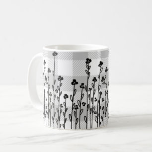 Mug Élégant en vichy gris floral noir blanc doodé