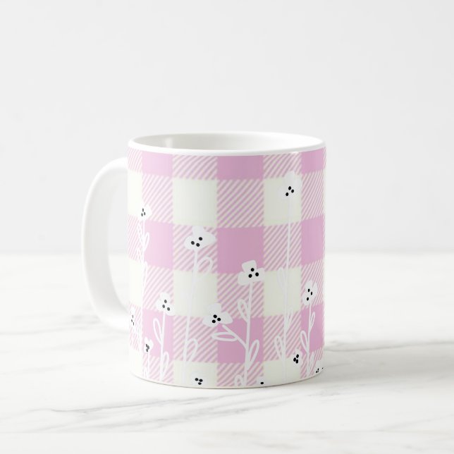 Mug Élégant en vichy plaid blanc rose floral (Devant gauche)