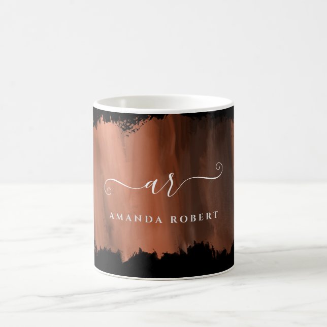 Mug Élégant Faux Rose Gold Stroke Monogramme Noir (Centre)