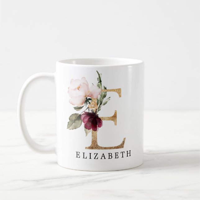 Mug Élégant Fleur de Lettre E en Or et Rouge Bourgeon (Gauche)