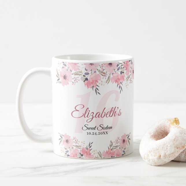 Mug Élégant floral bleu rose doux 16 (Avec donut)