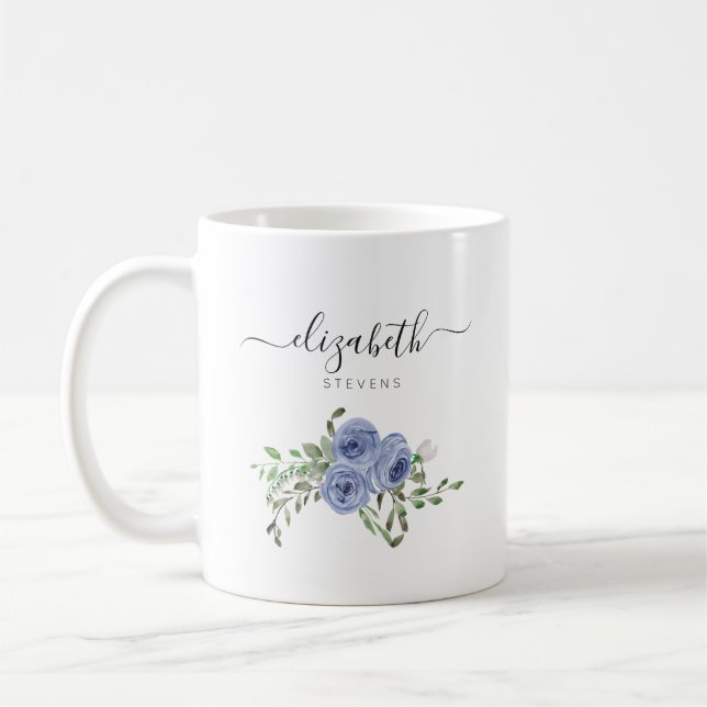 Mug Élégant floral Dusty Blue Watercolor Rose Script (Gauche)