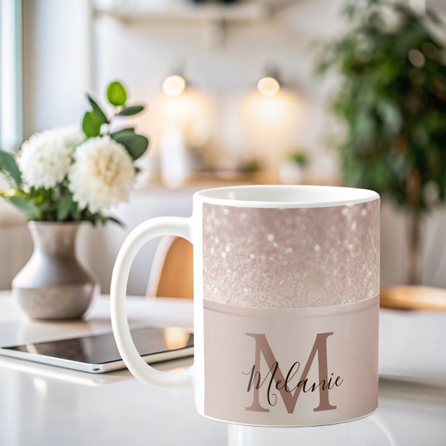 Mug Élégant glitterie rose or métal glam monogramme (Créateur téléchargé)