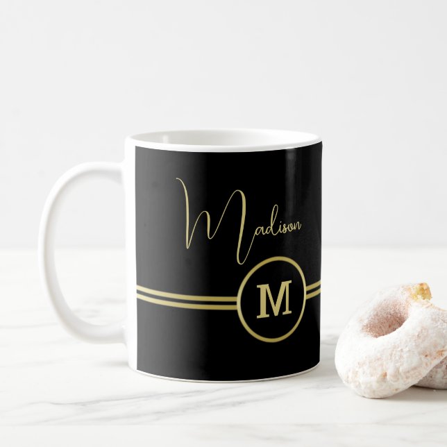 Mug Elegant Gold Signature Monogram on Black (Avec donut)