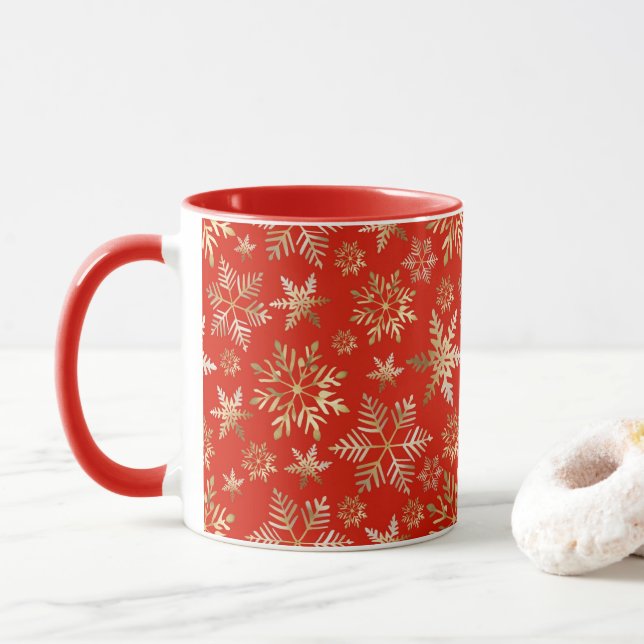 Mug Élégant Golden Snowflakes Lava Red Christmas (Avec donut)