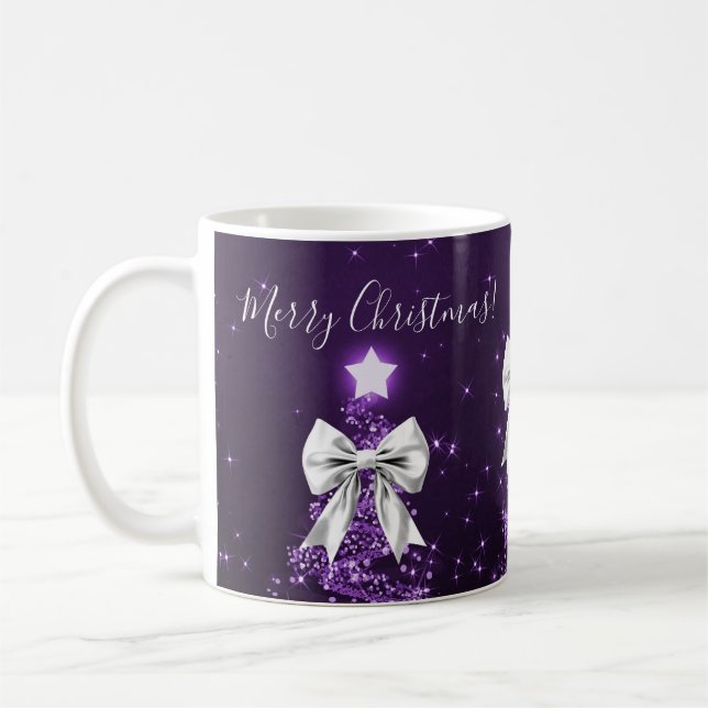 Mug Elegant Holiday Purple Christmas Trees Silver Bows (Gauche)
