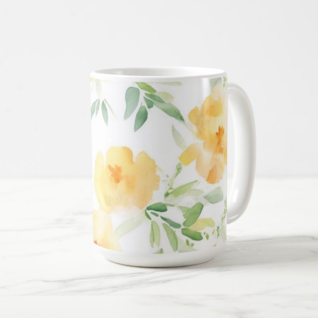 Mug Elégant jaune pêche orange aquarelle fleurie (Devant droit)