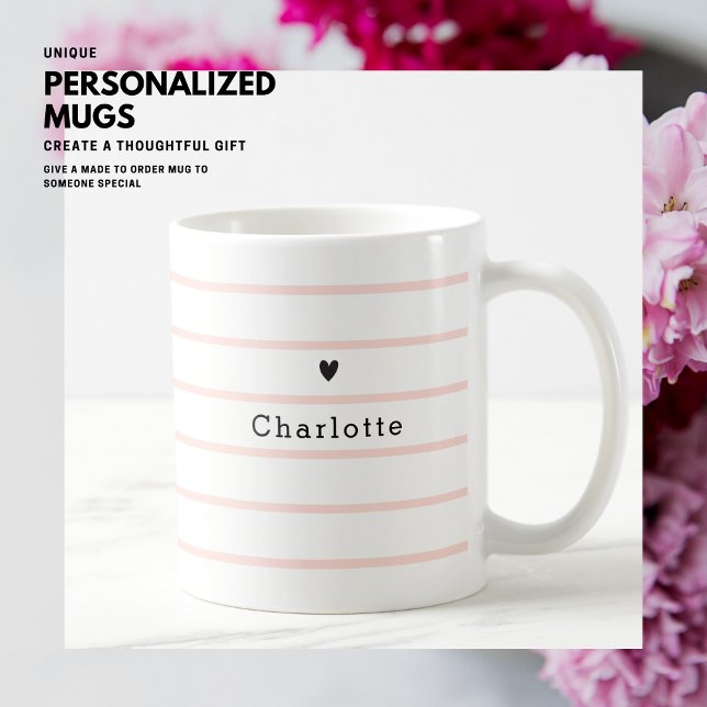 Mug Élégant Joli Chic Blush Rose Stripe Nom du coeur (Créateur téléchargé)