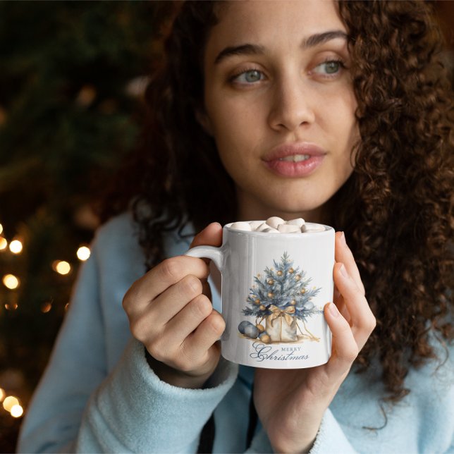 Mug Elégant Joyeux Arbre de Noël Or bleu Aquarelle (Créateur téléchargé)