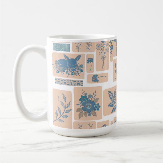 Mug Élégant Lapin Botanique Bleu et Motif Floral (Gauche)