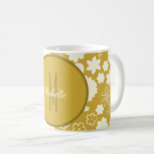 MUG ÉLÉGANT LUXE GOLD CREAM FLOWWER MONOGRAM FLORAL