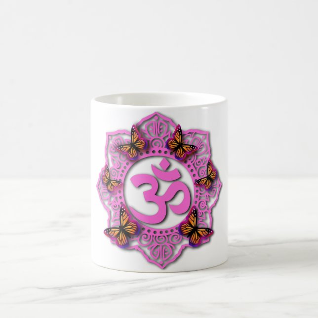 Mug Elégant mandala rose ohm papillon violet rose (Centre)