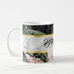 Mug Élégant Marbre Noir Rose Floral Avec Nom