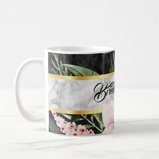 Mug Élégant Marbre Noir Rose Floral Avec Nom (Gauche)