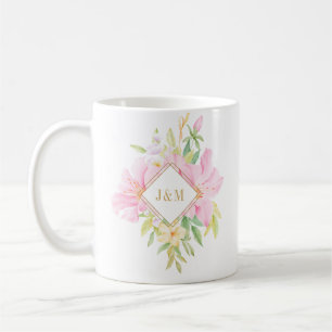 Mug Élégant Mariage rose d'aquarelle Floral Monogram
