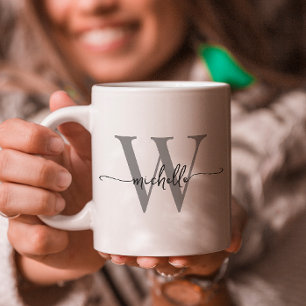 Mug Élégant Monogramme Blanc Nom Calligraphie Script