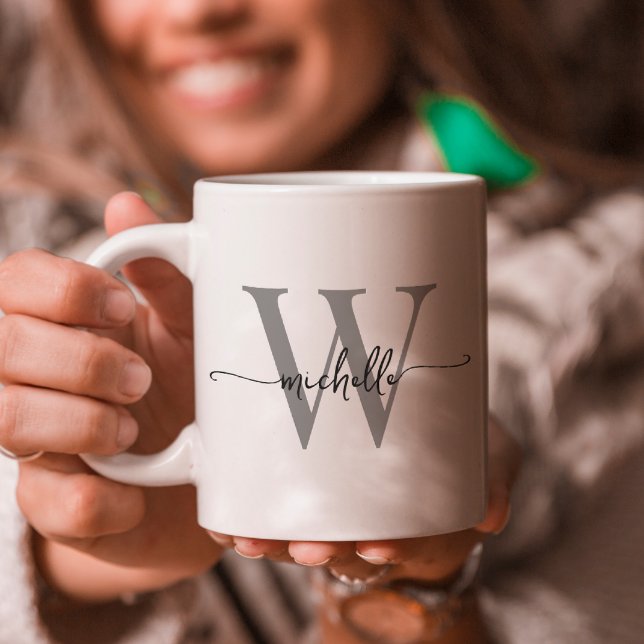 Mug Élégant Monogramme Blanc Nom Calligraphie Script (Créateur téléchargé)
