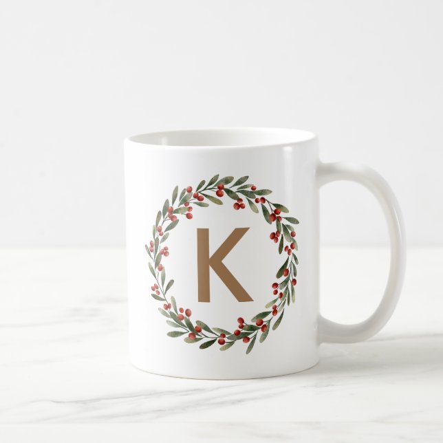 Mug Élégant monogramme de couronne florale Noël initia (Droite)