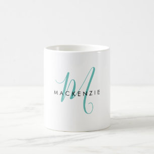 Mug Élégant Monogramme de script Turquoise moderne