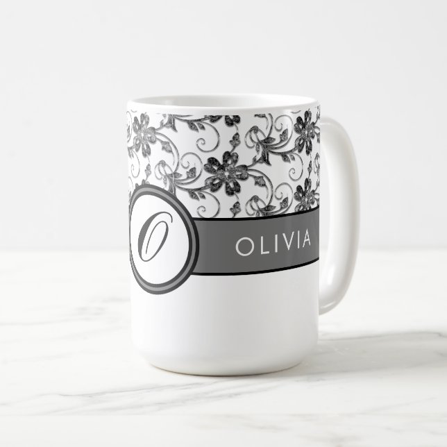 Mug Élégant Monogramme et motif floral noir (Devant droit)
