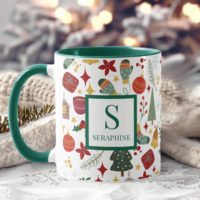 Mug Élégant Monogramme et nom de l'aquarelle de Noël (Créateur téléchargé)