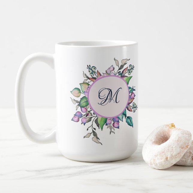 Mug Élégant monogramme floral Pastel Watercolor (Avec donut)