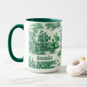 Mug Élégant Monogramme Floral Toile Vert Vintage