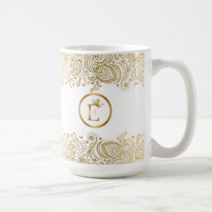 Mug Élégant Monogramme Or Et Blanc Paisley