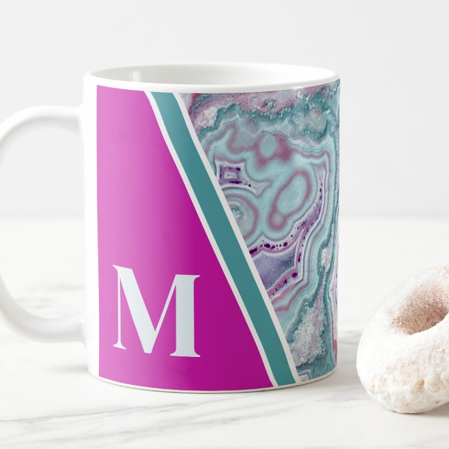 Mug Élégant Monogramme tendance initial (Girly Elegant Teal Fuchsia Agate Monogram Initial Coffee Mug)