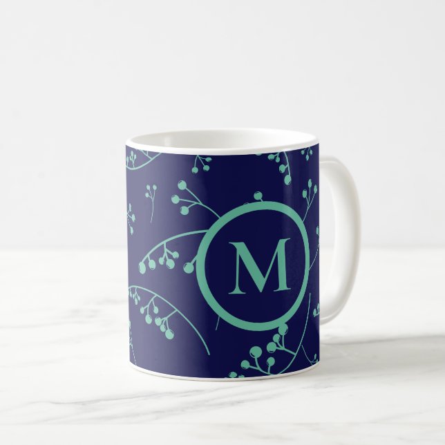 Mug Élégant monogramme turquoise motif de baies turquo (Devant droit)