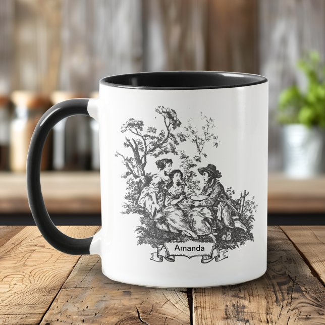 Mug Élégant monogramme vintage noir toile de jouy (Créateur téléchargé)