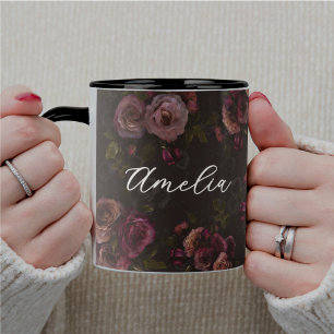 Mug Élégant motif floral bordeaux foncé rose
