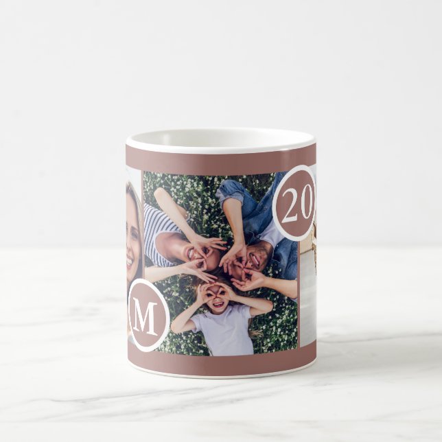 Mug Élégant Neutre Trois Photo Monogramme et Année (Centre)