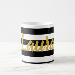 Mug Élégant Noir Blanc Or Nom de script avec bandes