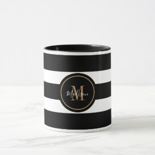 Mug Élégant noir et blanc rayures Script Monogramme