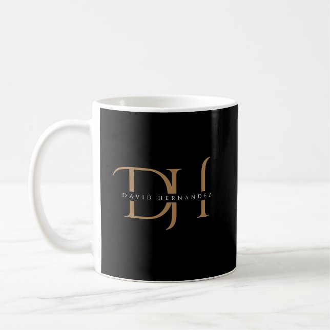 Mug Élégant Noir et Or Initiales Monogramme Moderne (Gauche)