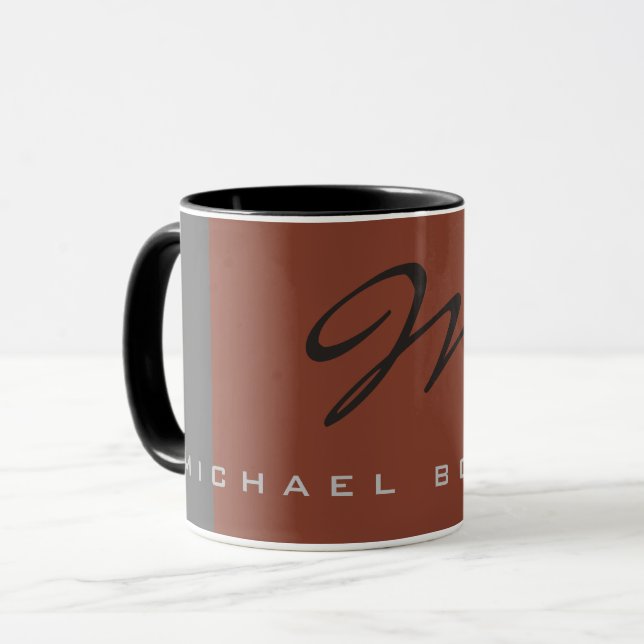 Mug Élégant noir monogramme gris Brown écriture manusc (Devant gauche)