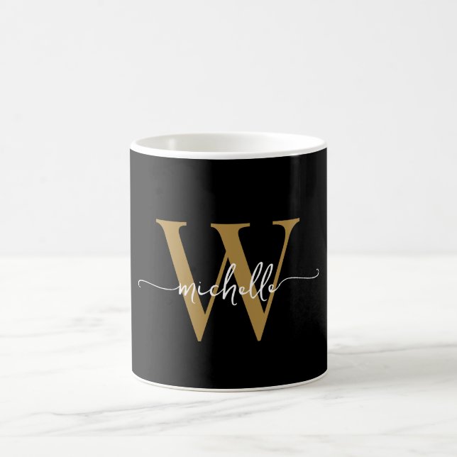 Mug Élégant Noir Monogramme Nom Script Signature (Centre)