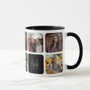 Mug Élégant noir Nom photo Collage Monogramme