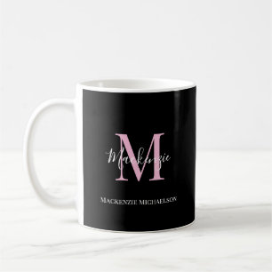 Mug Élégant Noir Rose Personnalisé Nom Monogramme